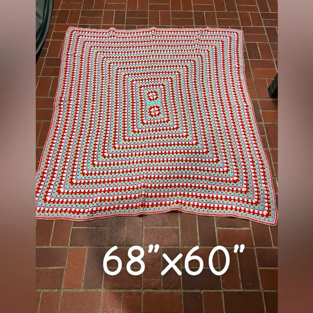 Handmade Crochet Blanket Throw Red Blue Purple Pink Tan White